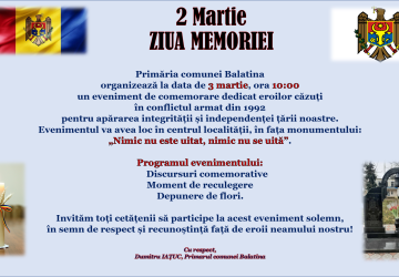 Anunț Ziua Memoriei și Recunoștinței la Balatina!